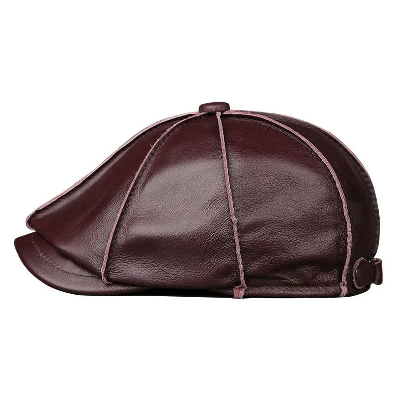 Genuine Cowhide Leather Octagonal Cap – Warm & Adjustable Men’s Style