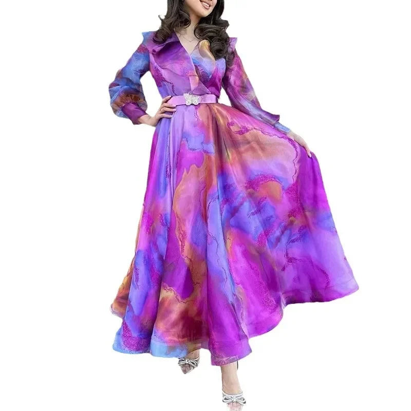 Elegant Printed Long-Sleeve Belted Maxi Dress Women-HighTouch