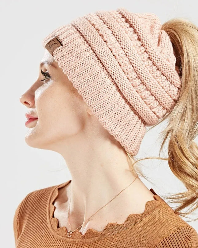 Cable Knit Ponytail Beanie