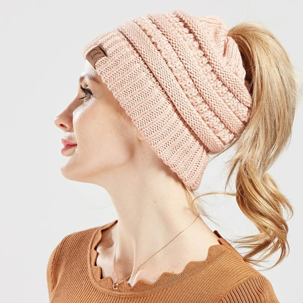 Cable Knit Ponytail Beanie-HighTouch