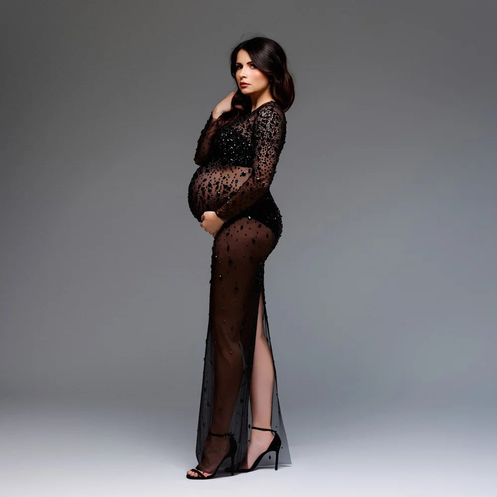 Rhinestone Maternity Dress Summer Sheer Mesh Photoshoot Maxi