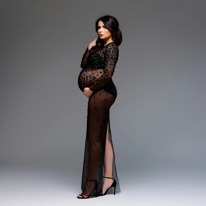 Rhinestone Maternity Dress Summer Sheer Mesh Photoshoot Maxi