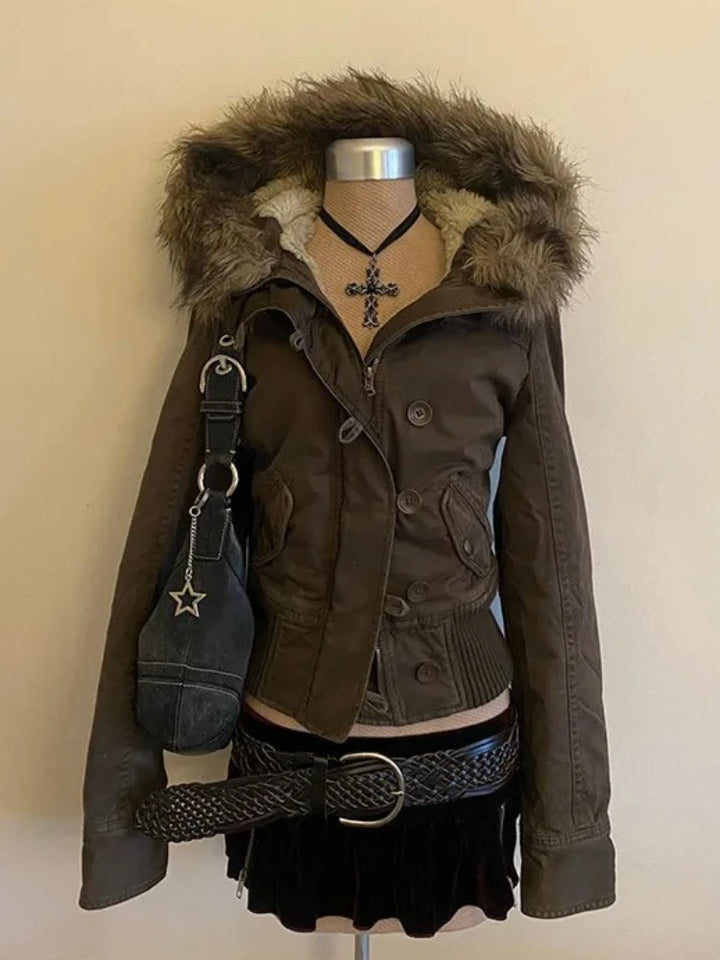 Winter Faux Fur Hood Jacket Women Y2K Vintage Gothic Parka