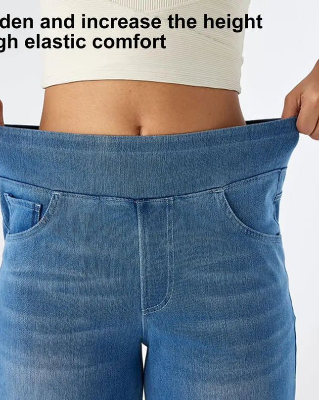 High-Waist Full-Length Solid Colour Jeans – Straight-Wide Leg with Elastic Waist & Pockets