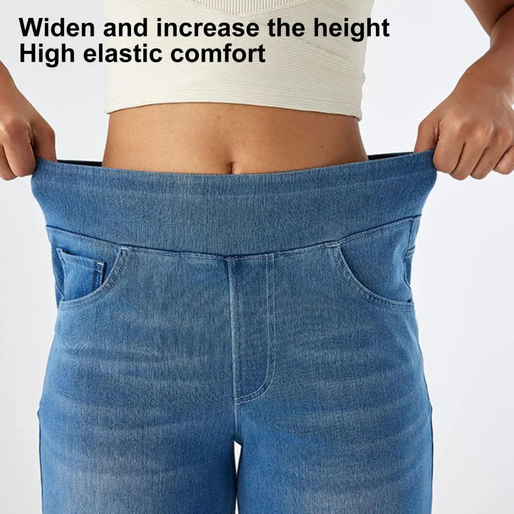 High-Waist Full-Length Solid Colour Jeans – Straight-Wide Leg with Elastic Waist & Pockets