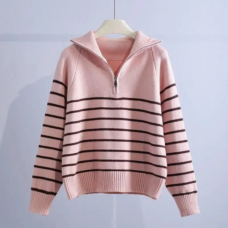Striped Zipper Knitted Sweater-HighTouch