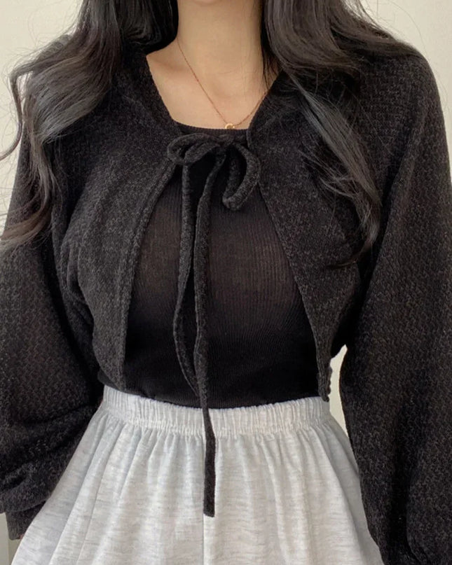 Breathable Lace‑Up Lantern Sleeve Cardigan – Summer Sunscreen Shawl