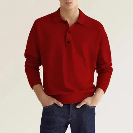 Solid Long Sleeve Men's Polo Shirt – Slim Fit Button Neck Pullover