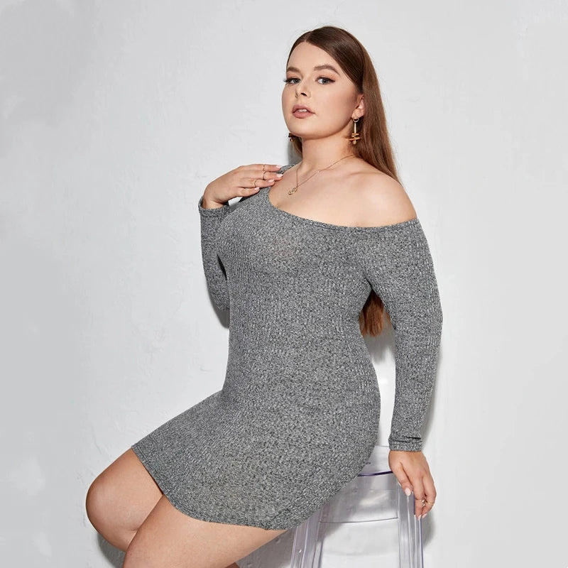Plus-Size Oblique-Neck Long Sleeve Ribbed Bodycon Dress-HighTouch