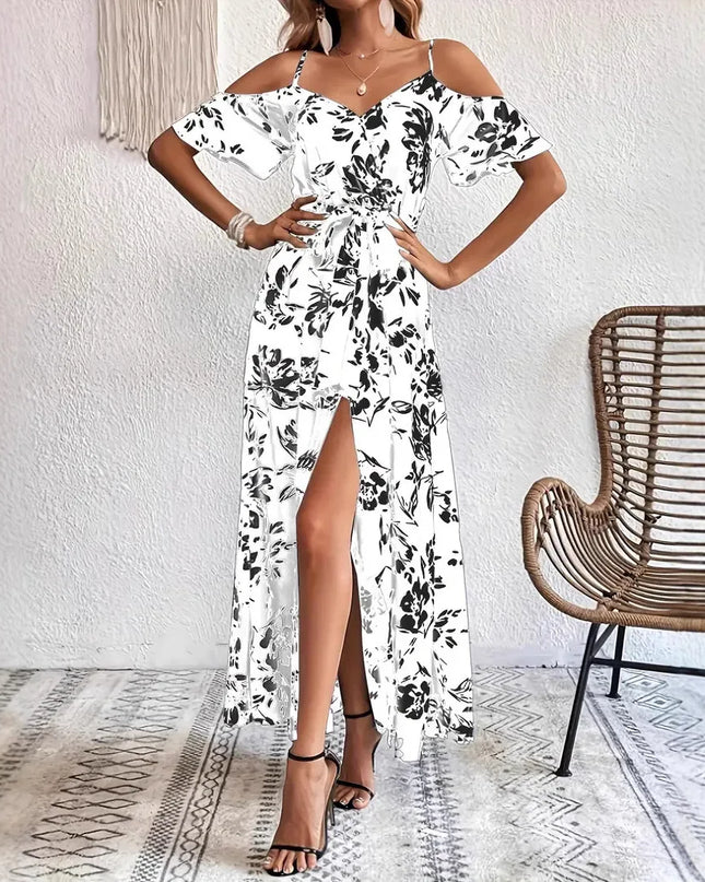 Boho Floral Cold-Shoulder Split Maxi Dress Women