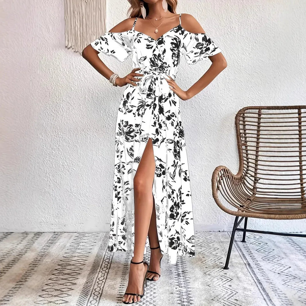Boho Floral Cold-Shoulder Split Maxi Dress Women-HighTouch