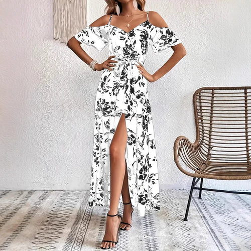 Boho Floral Cold-Shoulder Split Maxi Dress Women