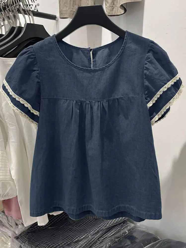 Zanzea Lace Patchwork Denim Blouse – Casual Summer Top for Women-HighTouch