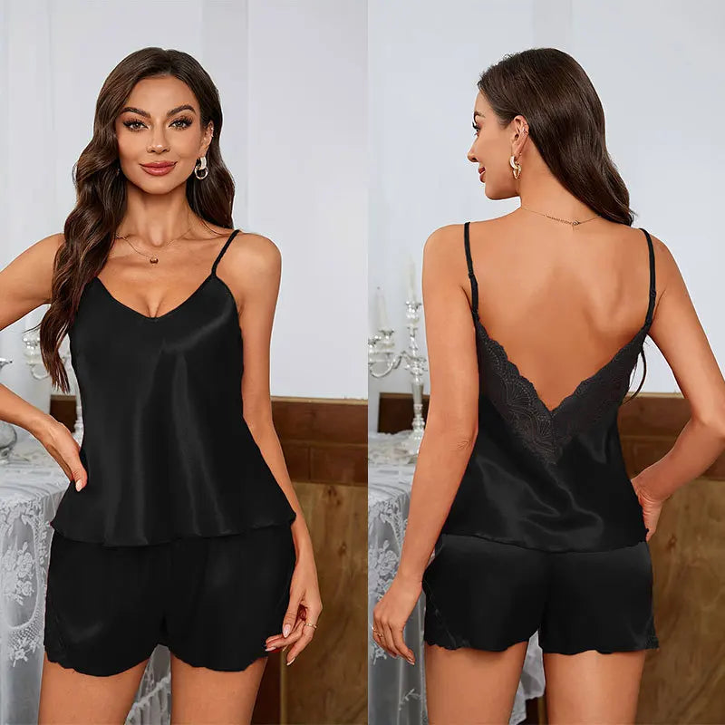 Backless Lace Satin Cami & Shorts Set