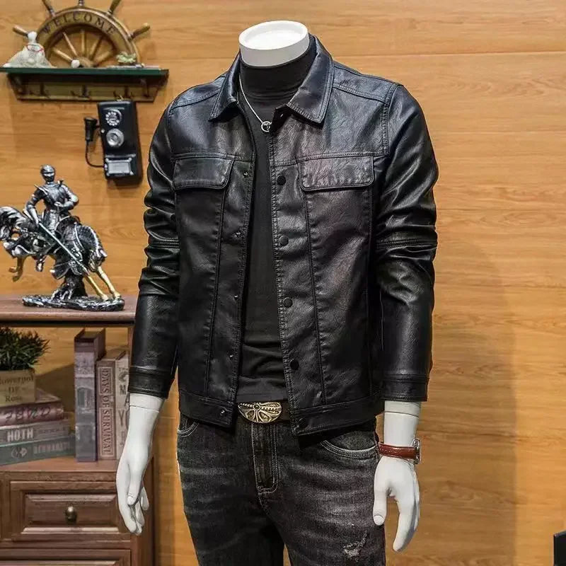 Korean-Style Slim PU Motorcycle Jacket for Men-HighTouch