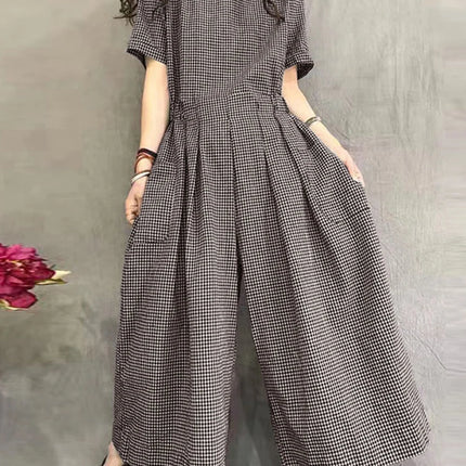 ZANZEA Gingham Wide-Leg Jumpsuit – Pleated Waist Casual Romper