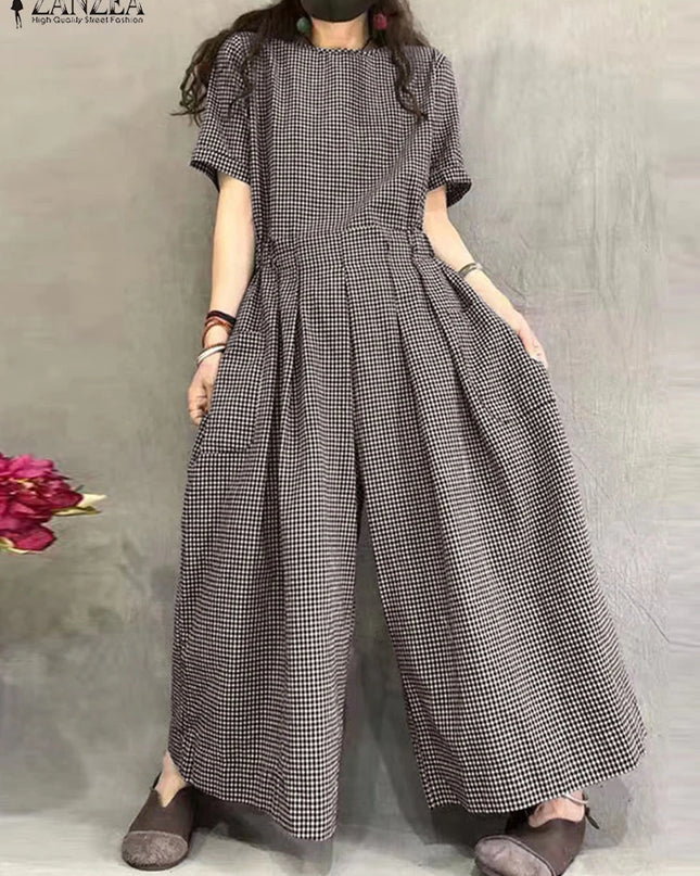 ZANZEA Gingham Wide-Leg Jumpsuit – Pleated Waist Casual Romper