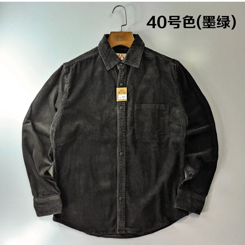Vintage Retro Corduroy Button-Down Shirt Men –  Cotton Long Sleeve