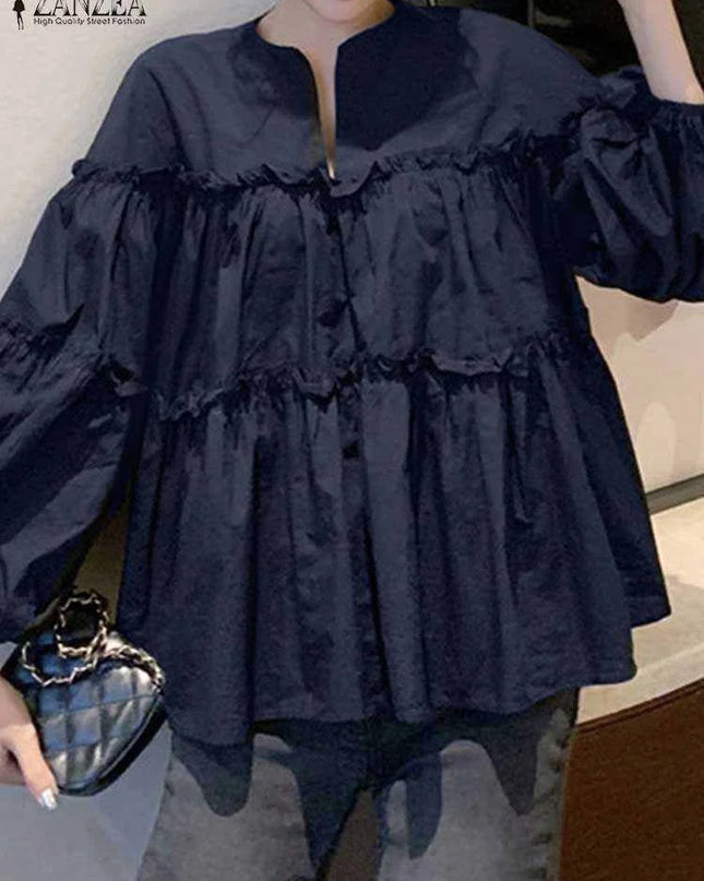 Zanzea Elegant Puff Sleeve Ruffle Blouse – Women’s Tunic Shirt