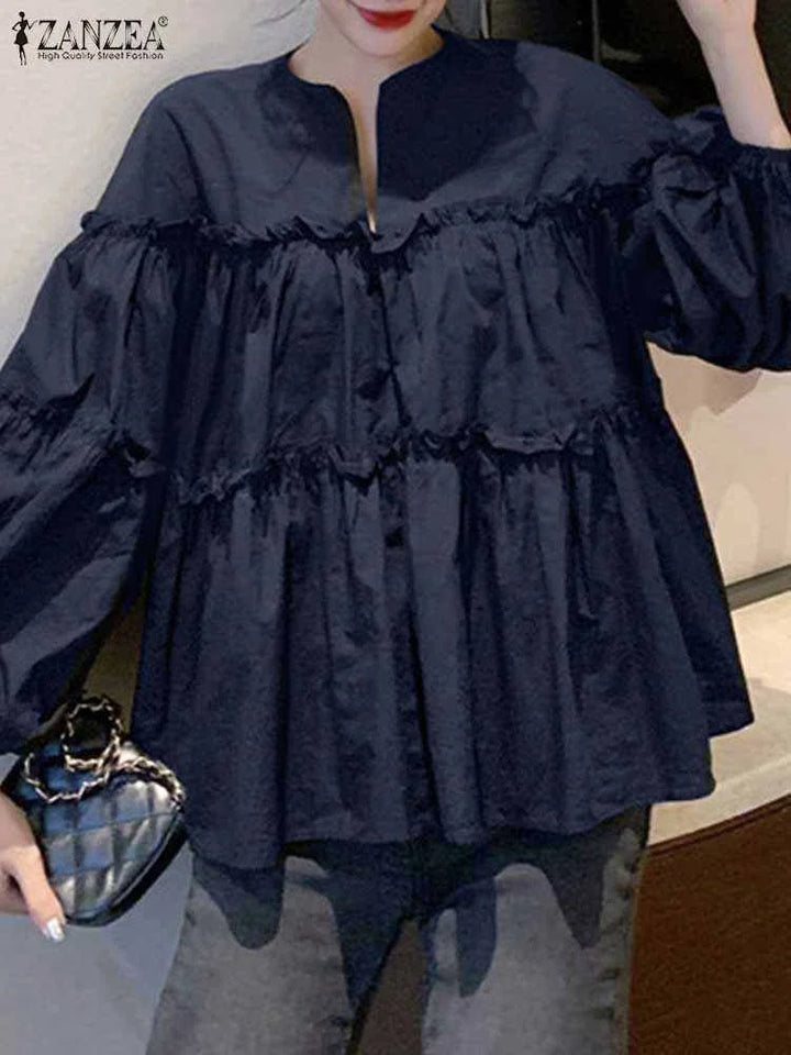 Zanzea Elegant Puff Sleeve Ruffle Blouse – Women’s Tunic Shirt-HighTouch