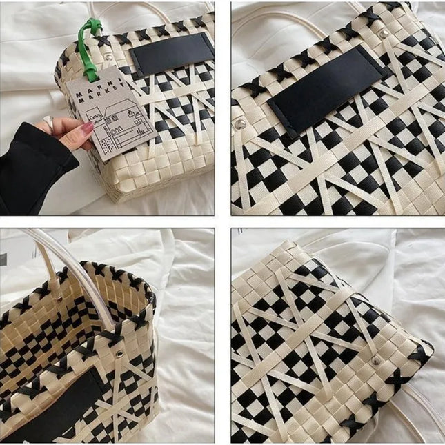 Bohemian Checkered Straw Tote – Large Capacity Summer Beach HandBag