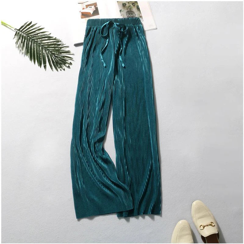 Women’s Ice Silk Wide Leg Pants – Elastic Waist Summer Trousers-HighTouch