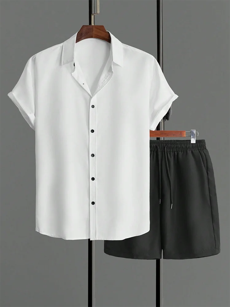 Men’s Solid Color Hawaiian Shirt & Shorts Set – Oversized Summer 2-Piece