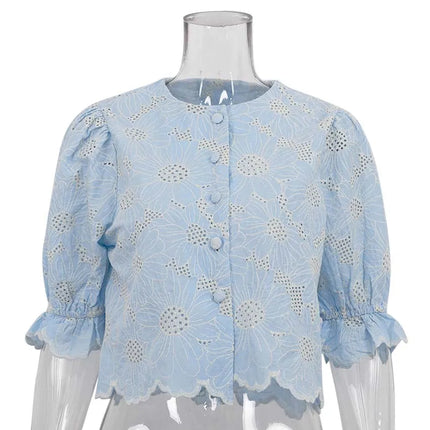 Elegant Blue Print Cotton Shirt – Hollow-Out O-Neck Blouse for Women