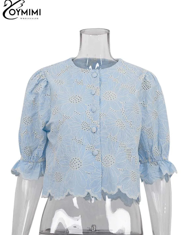 Elegant Blue Print Cotton Shirt – Hollow-Out O-Neck Blouse for Women