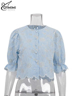 Elegant Blue Print Cotton Shirt – Hollow-Out O-Neck Blouse for Women-HighTouch