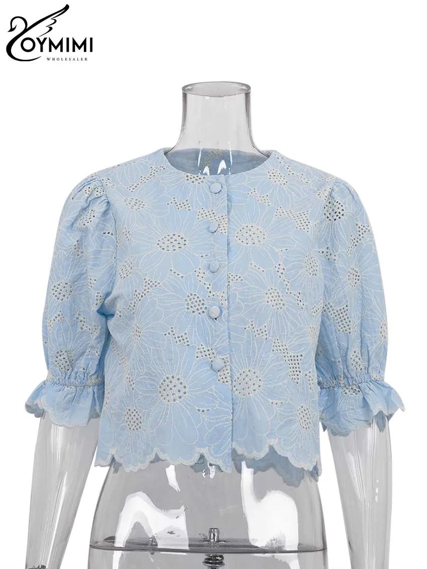 Elegant Blue Print Cotton Shirt – Hollow-Out O-Neck Blouse for Women