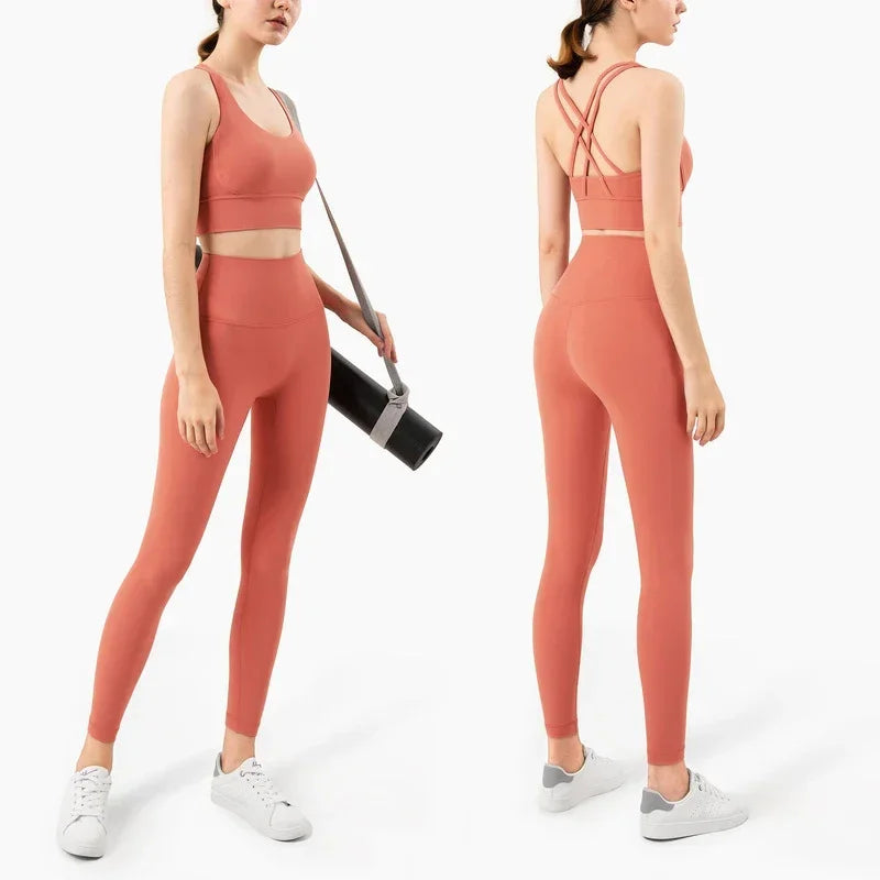Summer New 2 Piece Yoga Clothes Women's Tracksuit Athletic Cross Back Nylon Yoga Top Women Sports Bra Leggings Pilates Fitness-HighTouch