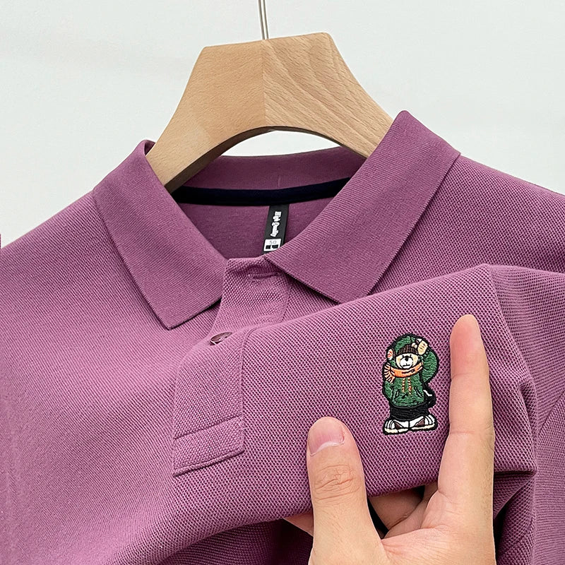 Bear-Embroidered 100% Cotton Long-Sleeve Polo – Spring/Autumn Men’s