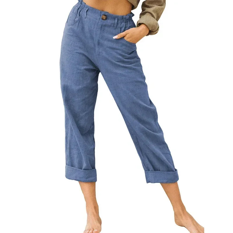 Spring Cotton-Linen Women’s Loose Button Pockets Pants – Elegant & Breathable-HighTouch