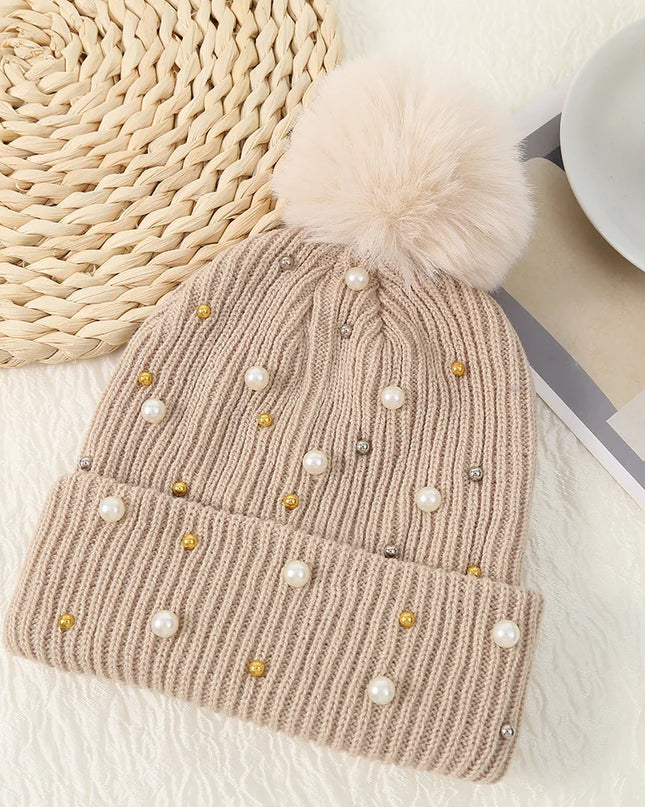 Pearl & Rhinestone Pom Pom Beanie
