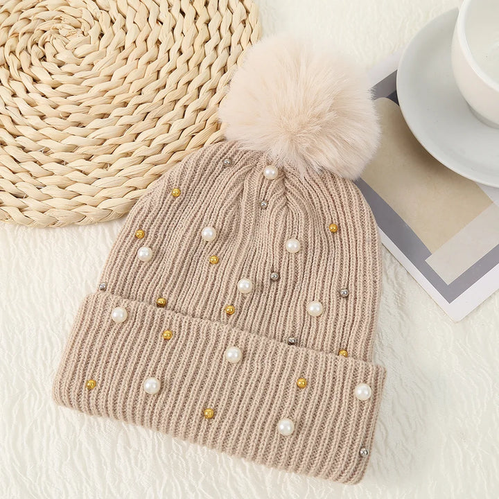 Pearl & Rhinestone Pom Pom Beanie-HighTouch