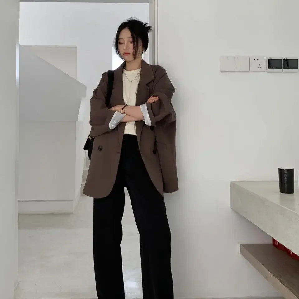 Vintage Loose Double‑Breasted Women’s Blazer – Autumn Chic Suit Jacket-HighTouch