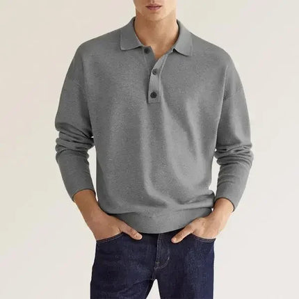 Solid Long Sleeve Men's Polo Shirt – Slim Fit Button Neck Pullover