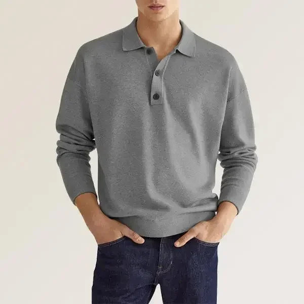 Solid Long Sleeve Men's Polo Shirt – Slim Fit Button Neck Pullover-HighTouch