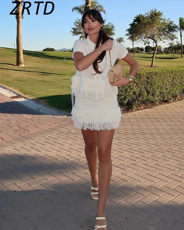 Knit Tassel Cardigan & Skirt Set