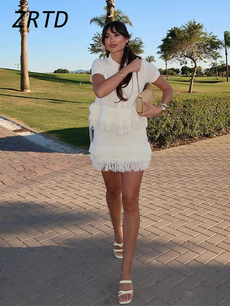 Knit Tassel Cardigan & Skirt Set