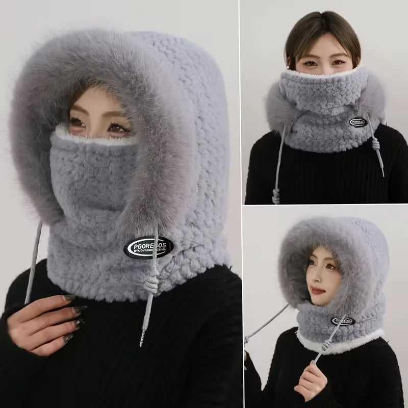 Winter Women's Plush Hooded Hat Scarf Mask 3-in-1 Ear Cover