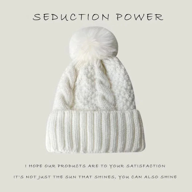 Twist-Knitted Women’s Winter Beanie with Fur Pom-Pom