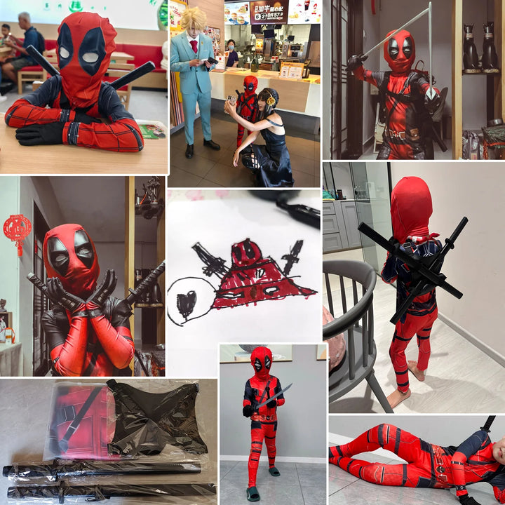High Quality Deadpool Costume Halloween Cosplay Costume Deadpool Suit Jumpsuit deadpool Costume Carnival Festival Gift Sword Set