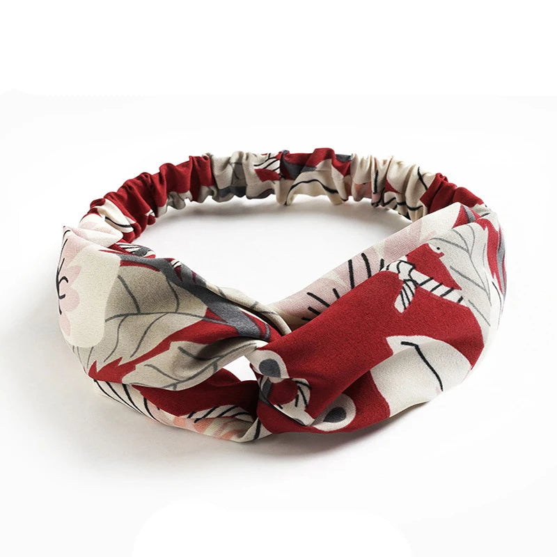 Vintage Boho Printed Cross Turban Headband – Wide Stretchy Fabric Band