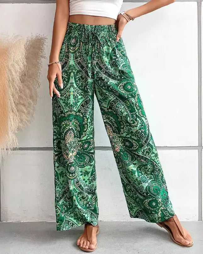 Fashionable Wide-Leg Elastic Waist Printed Pants for Women