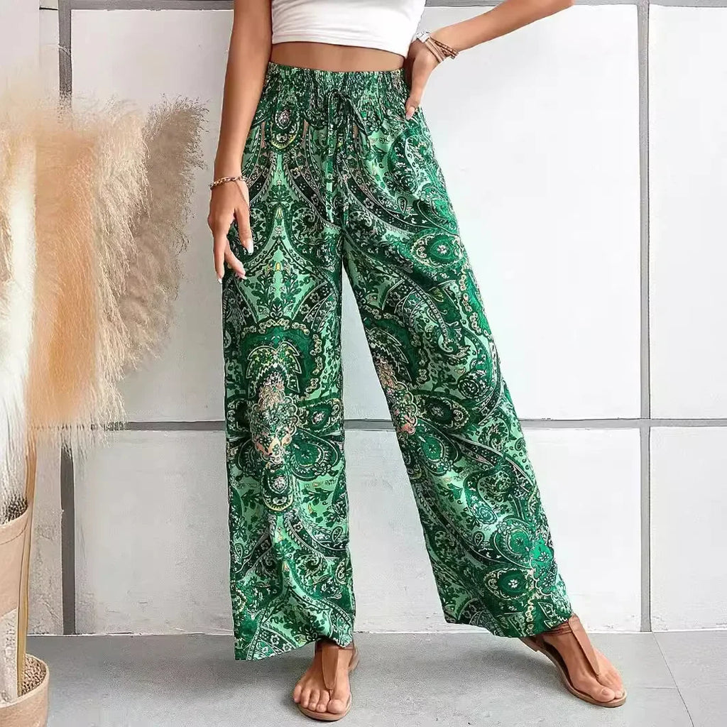 Fashionable Wide-Leg Elastic Waist Printed Pants for Women-HighTouch