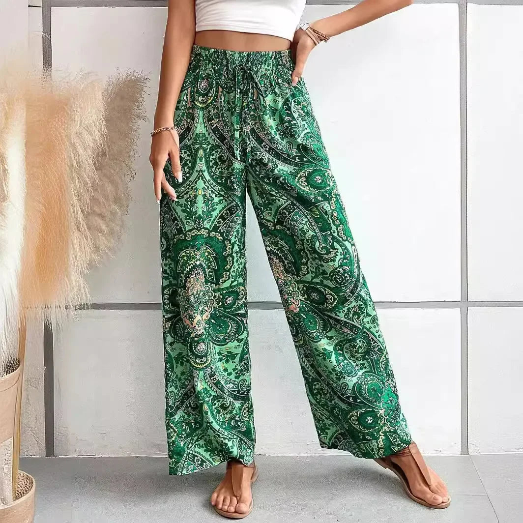 Fashionable Wide-Leg Elastic Waist Printed Pants for Women