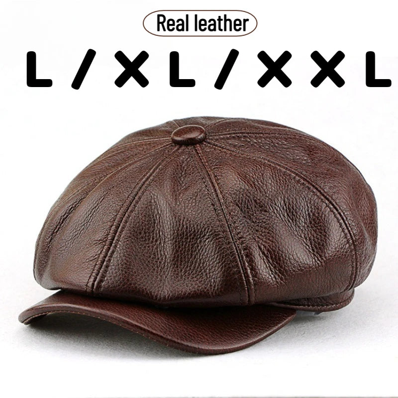 Oversize Cowhide Leather Octagonal Newsboy Hat – XXL 62 cm-HighTouch
