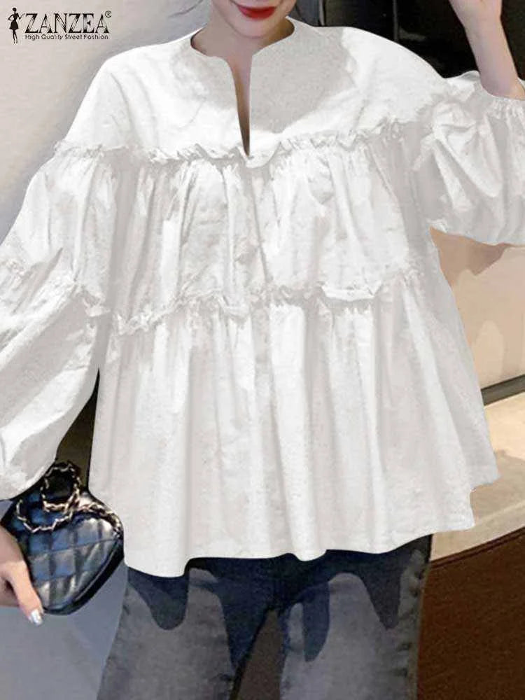 Zanzea Elegant Puff Sleeve Ruffle Blouse – Women’s Tunic Shirt
